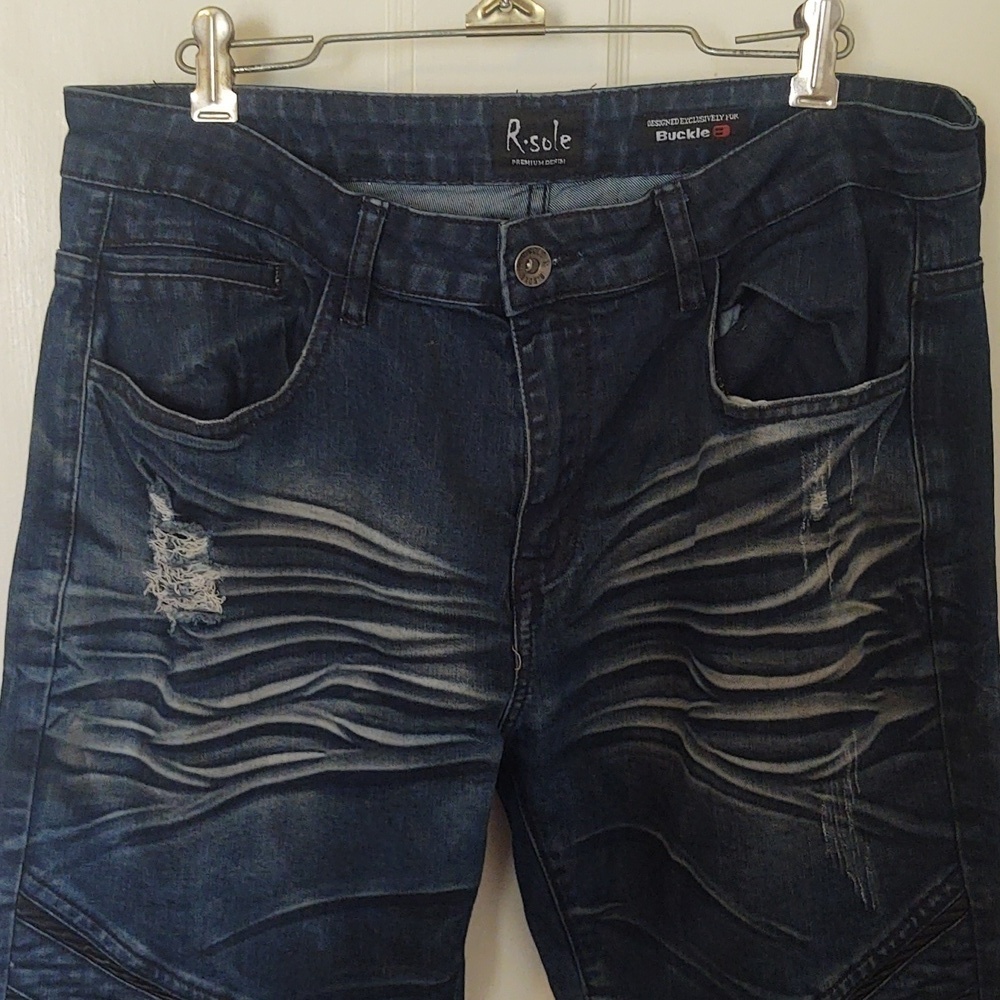 R. Sole Denim Moto Style Slim Fit Distressed Jeans Sz 34 x 32 - Picture 2 of 11